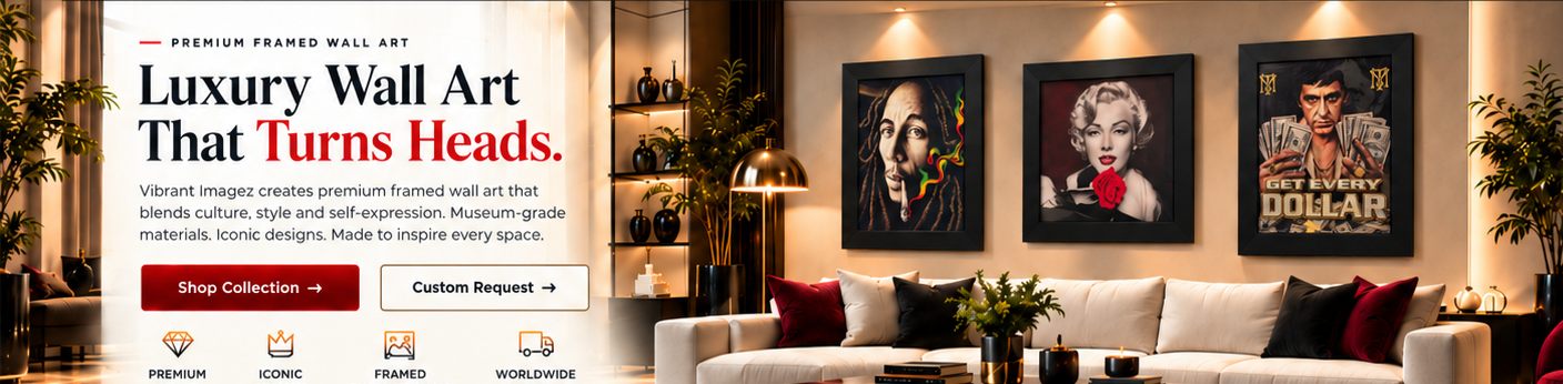 Approved luxury living room with Bob Marley portrait, Marilyn red rose and Scarface Get Every Dollar
