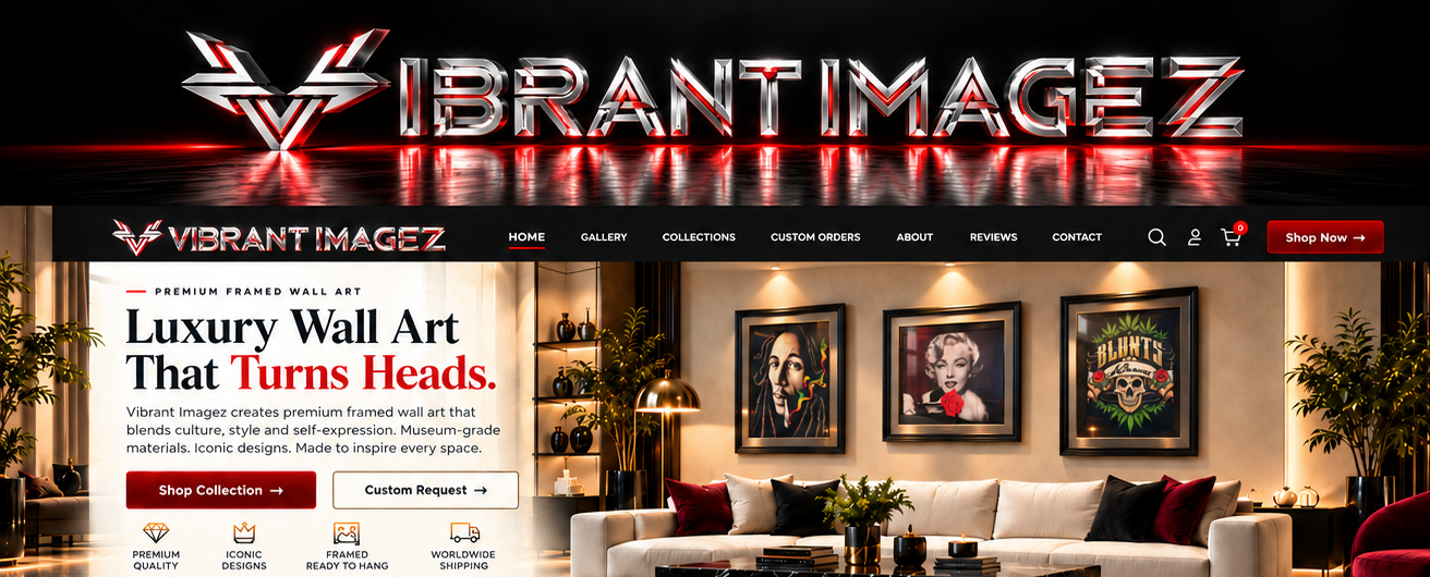 Approved chrome Vibrant Imagez hero above navigation and luxury living room with the three approved framed artworks