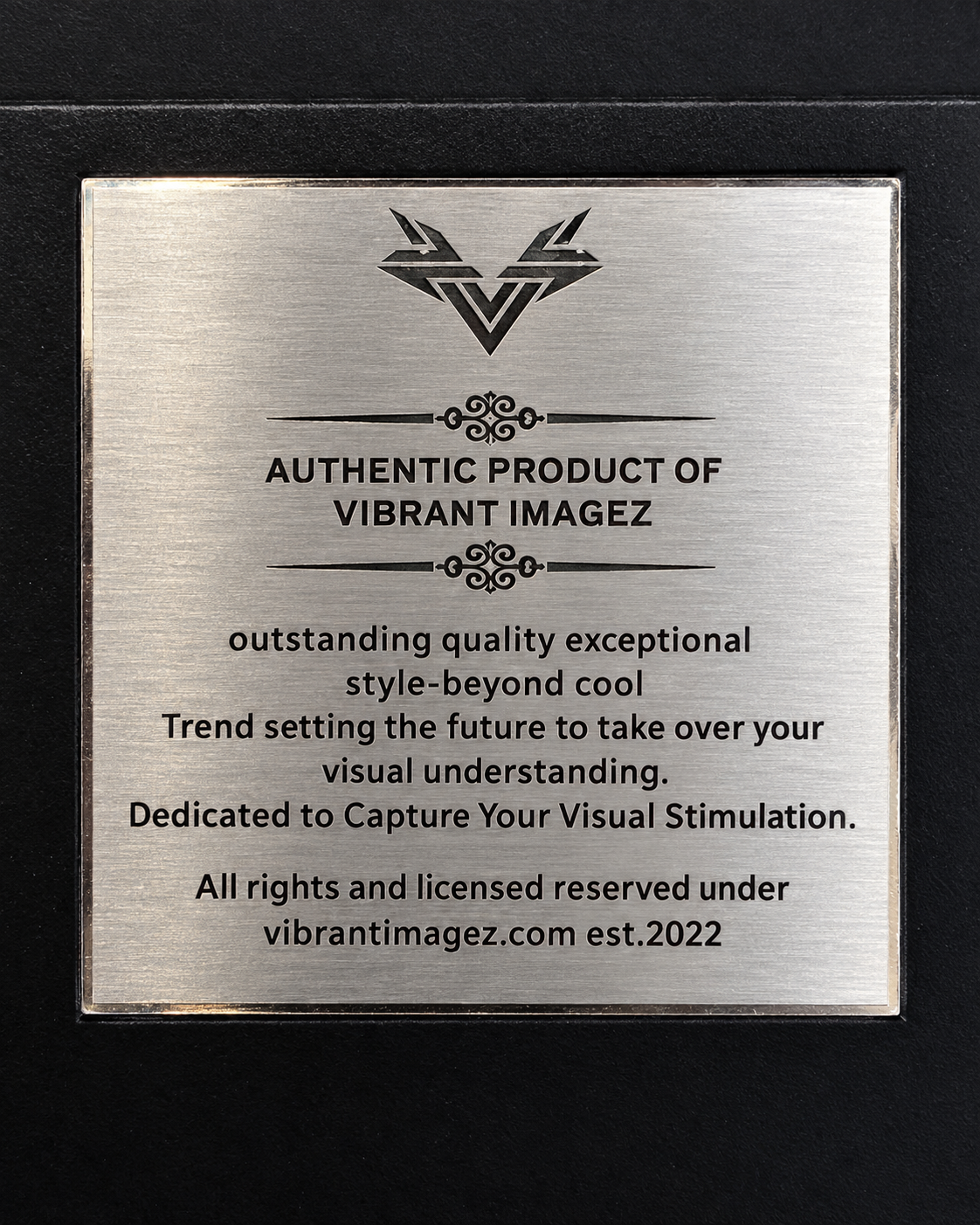 Original Vibrant Imagez brushed-silver authenticity plaque